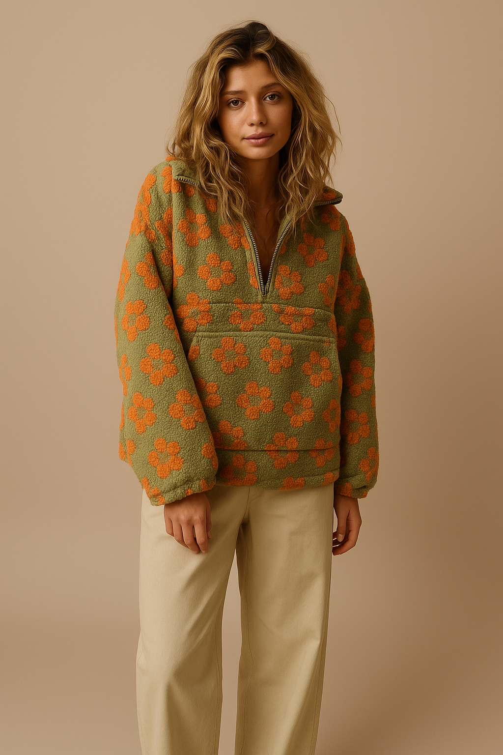 Emma | Oversized Floral Teddy Fleece Jacket with Half Zip