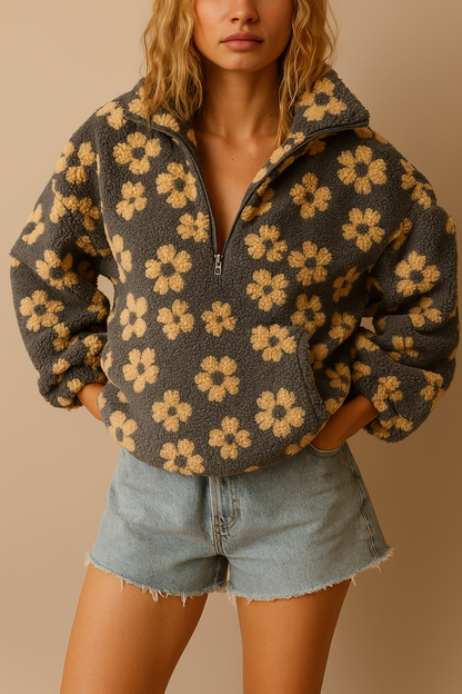 Emma | Oversized Floral Teddy Fleece Jacket with Half Zip