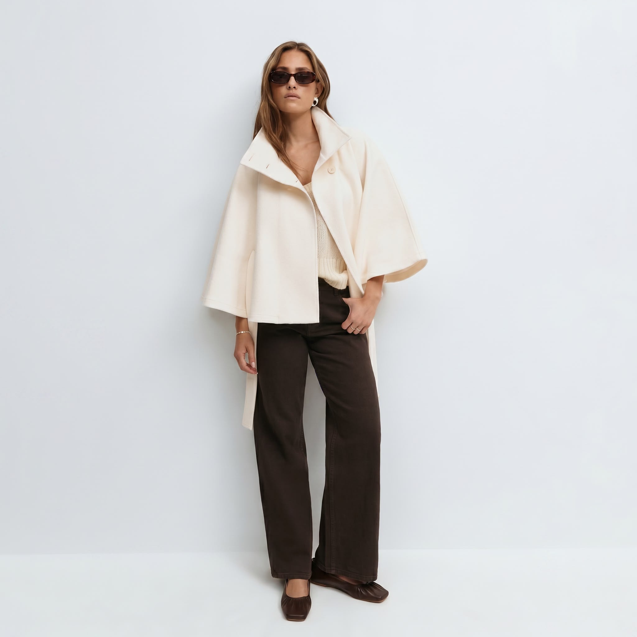 Veste de cape femmes Coupe régulière, ceinture nœud papillon à col montant hiver