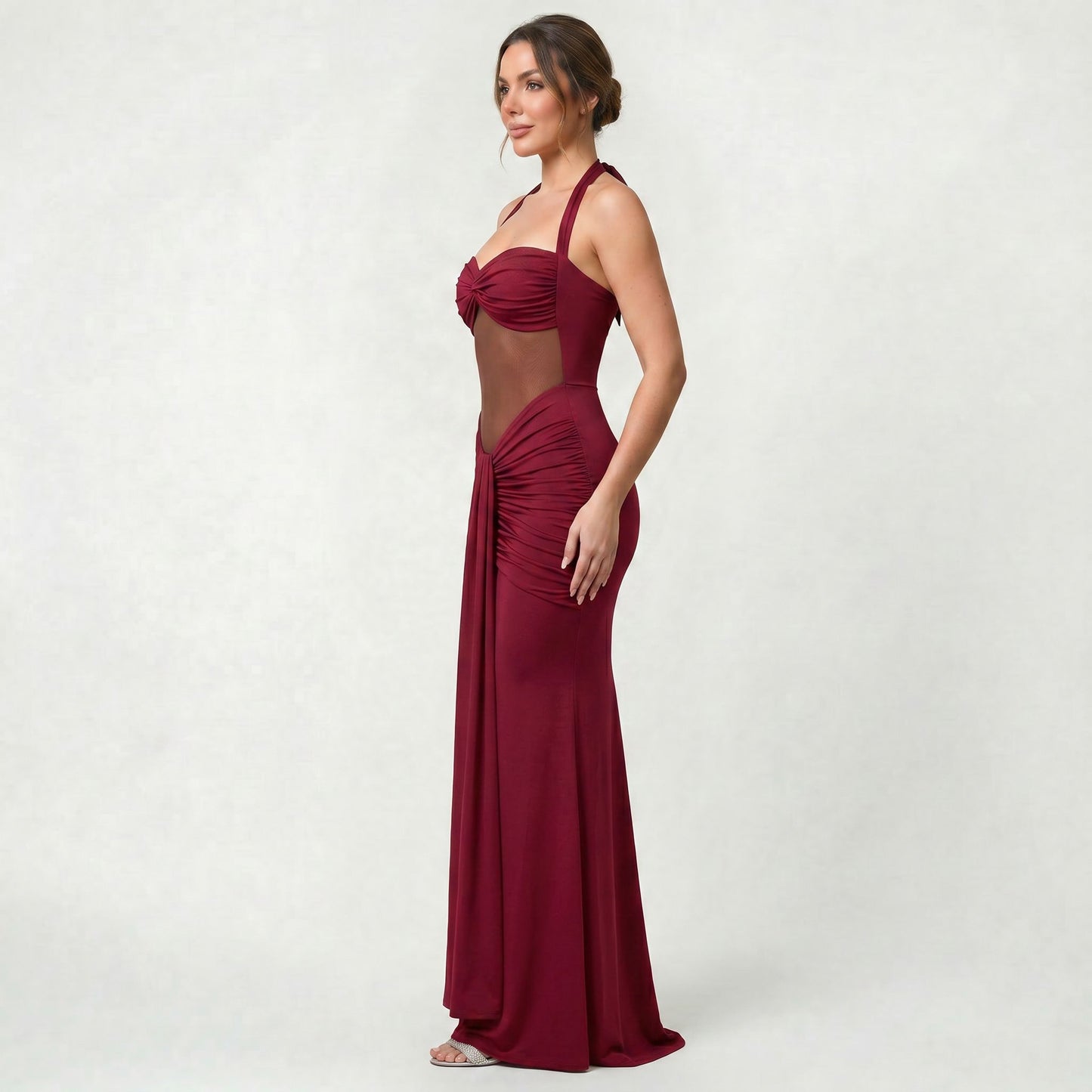 Robe Midi Unie Femme Coupe Slim Taille Haute Élégante