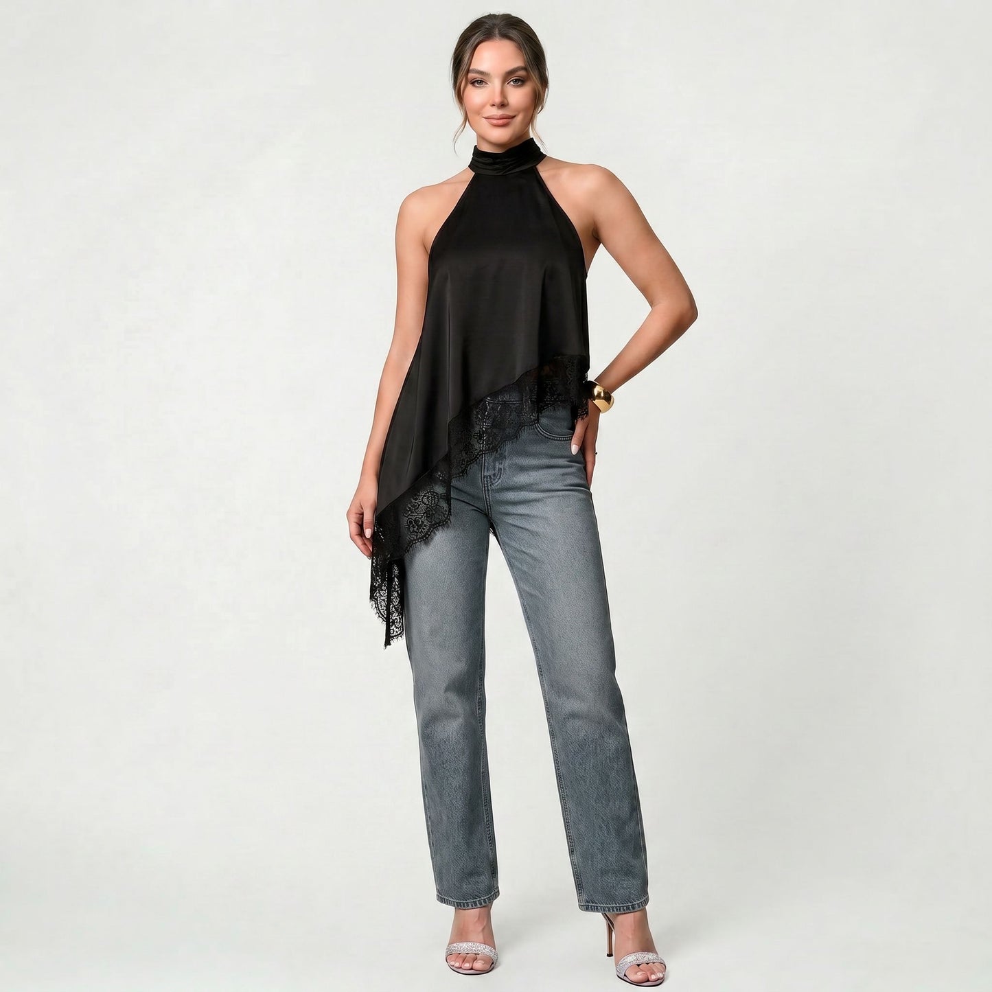 Chemisier dos-nu sans manches en satin avec finitions en dentelle pour femme