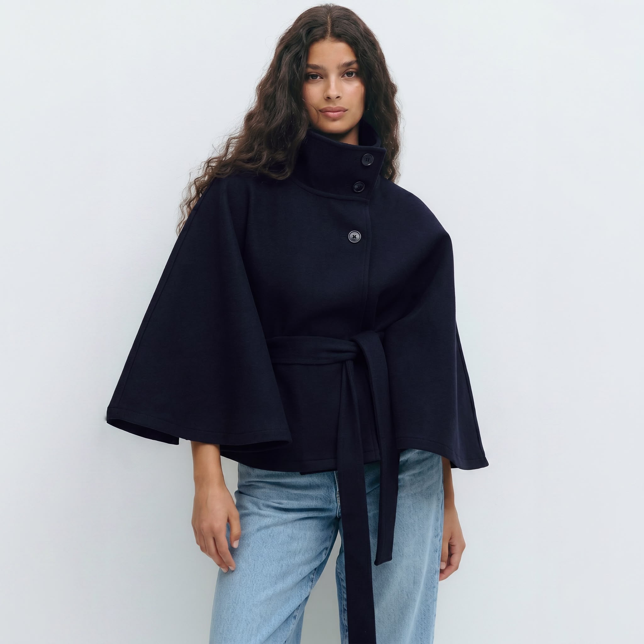 Veste de cape femmes Coupe régulière, ceinture nœud papillon à col montant hiver