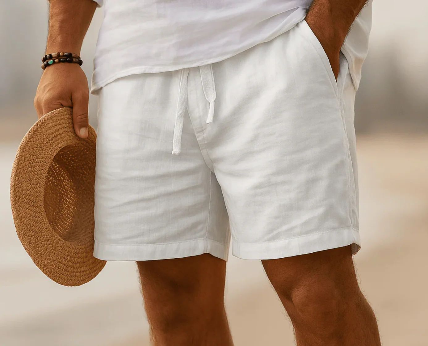 Short en lin homme été Bermuda léger taille élastique avec poches