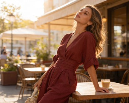 Combinaison Femme Fluide Col V Taille Marquée Élégante