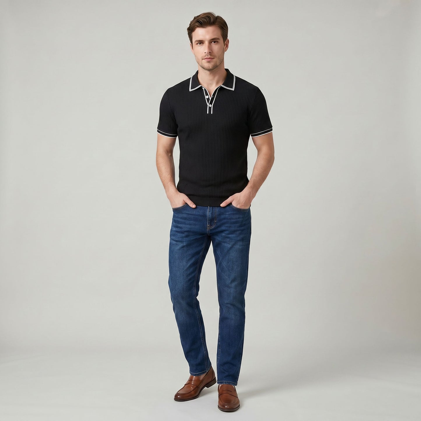 Polo Homme à Manches Courtes Rayé Classique Coupe Décontractée