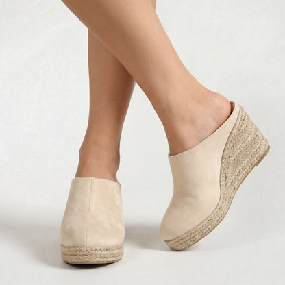 Mules compensées en suède pour femme à bout pointu et talon confortable