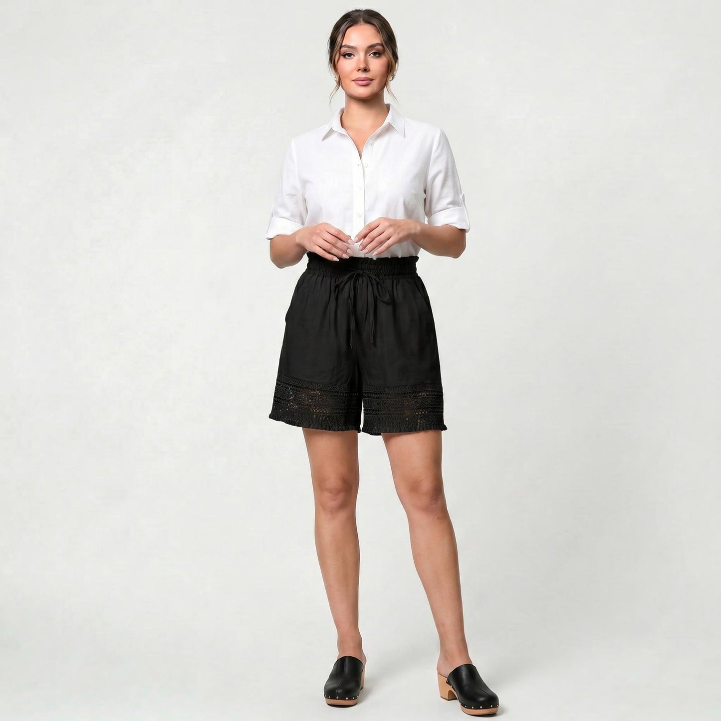 Short en coton à dentelle pour femme, taille élastique, tenue estivale décontractée
