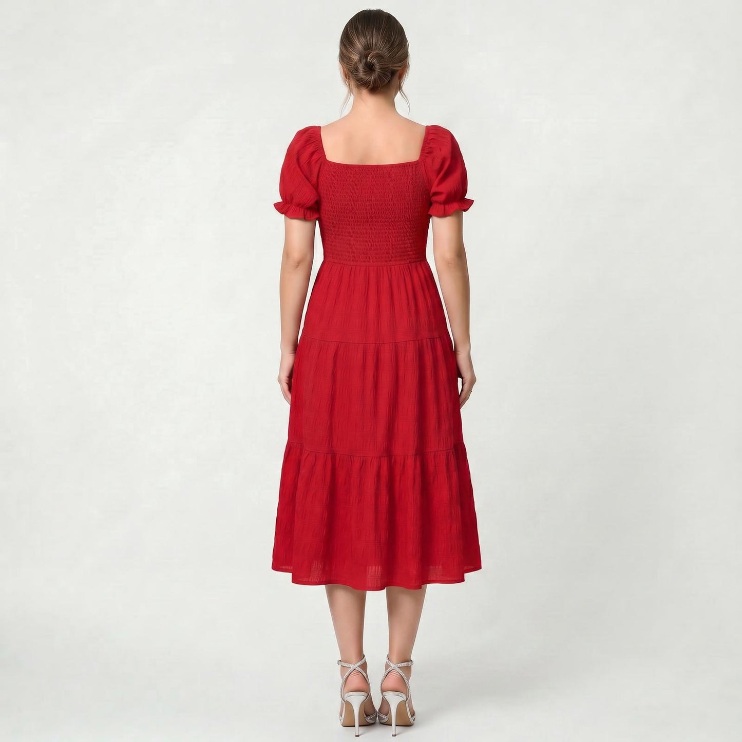 Robe Midi Élégante à Volants pour Femme Taille Haute Coupe Fluide