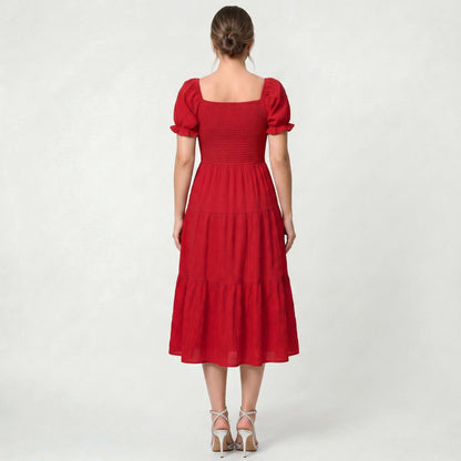 Robe Midi Élégante à Volants pour Femme Taille Haute Coupe Fluide