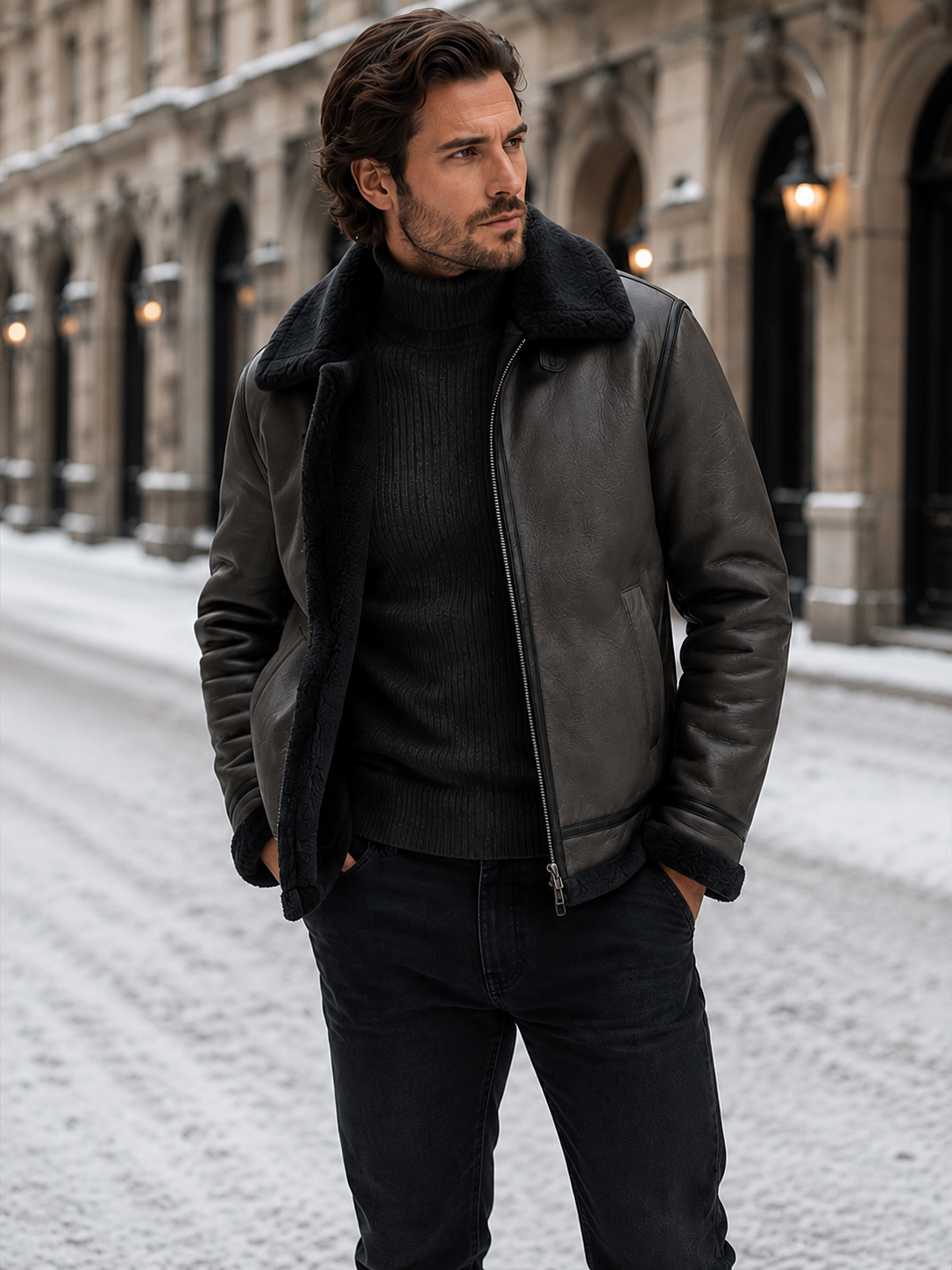 Men's Aviator Jacket Leather-Look Shearling