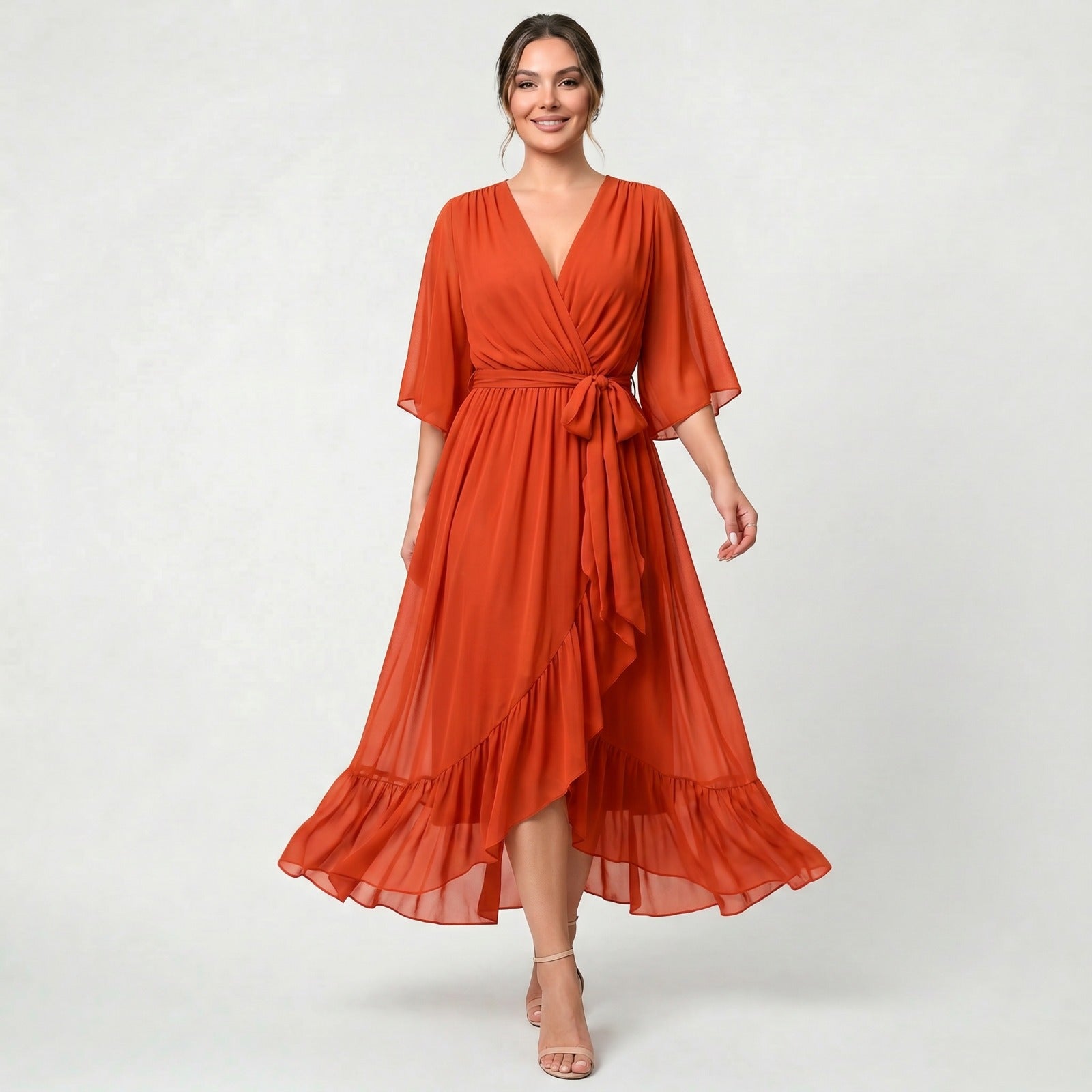 Robe de bal midi aérienne avec décolleté portefeuille et détails de nœud