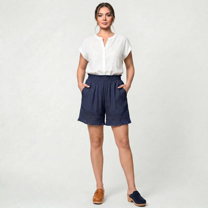 Short en coton à dentelle pour femme, taille élastique, tenue estivale décontractée