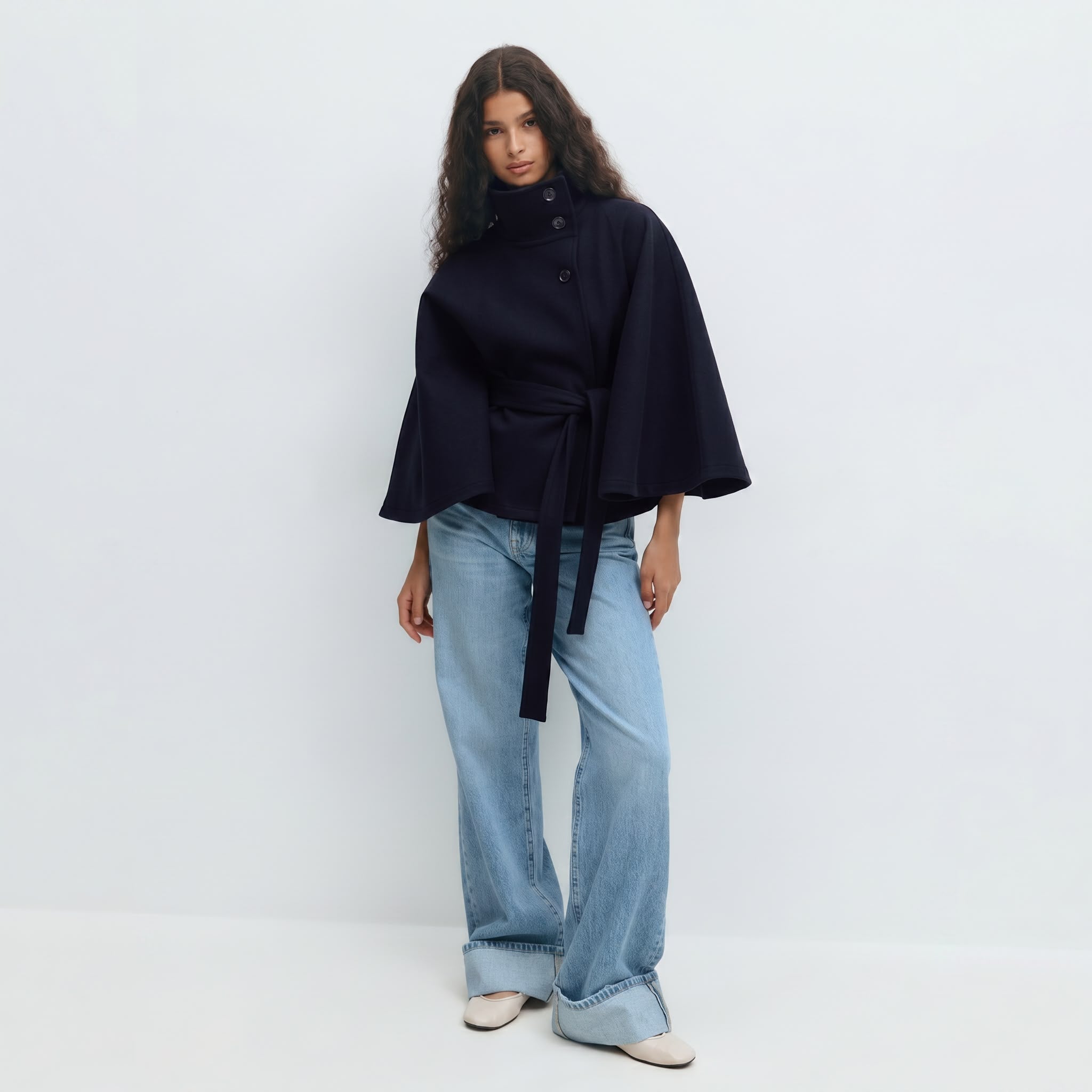 Veste de cape femmes Coupe régulière, ceinture nœud papillon à col montant hiver