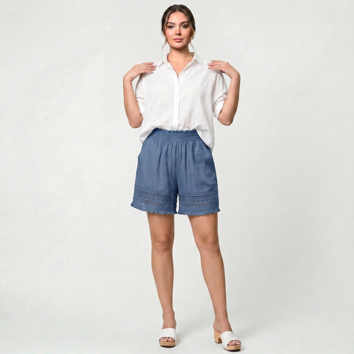 Short en coton à dentelle pour femme, taille élastique, tenue estivale décontractée