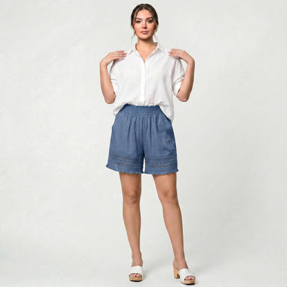 Short en coton à dentelle pour femme, taille élastique, tenue estivale décontractée