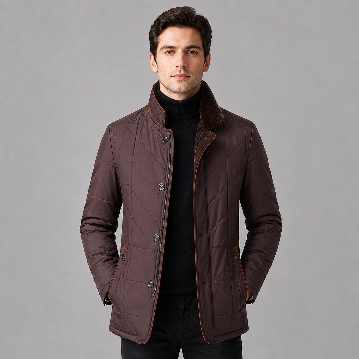 Men's Quilted Jacket Stand Collar Zip Up