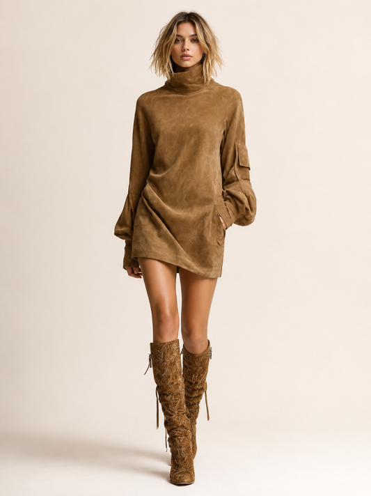 Women's Vintage Loose Suede Turtleneck Mini Dress