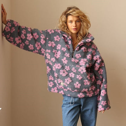 Emma | Oversized Floral Teddy Fleece Jacket with Half Zip