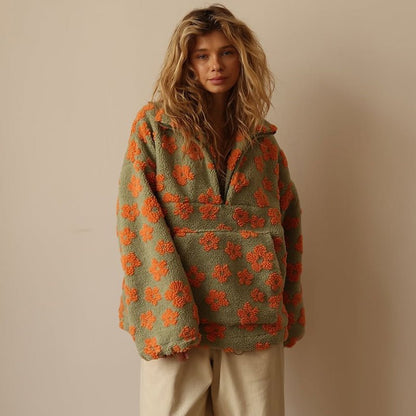 Emma | Oversized Floral Teddy Fleece Jacket with Half Zip