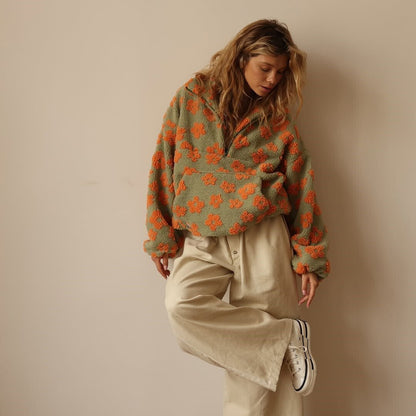 Emma | Oversized Floral Teddy Fleece Jacket with Half Zip