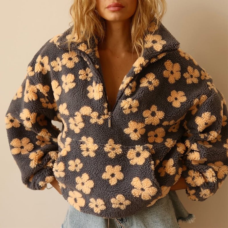 Emma | Oversized Floral Teddy Fleece Jacket with Half Zip