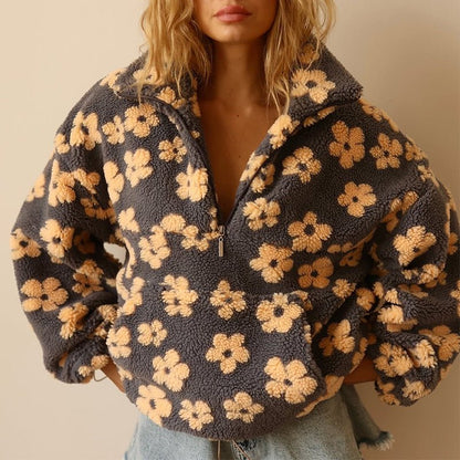 Emma | Oversized Floral Teddy Fleece Jacket with Half Zip