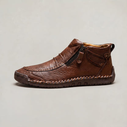 Men's Slip-On Casual Ankle Shoes - Side Zip Stitched Leather Comfort Walking Boots