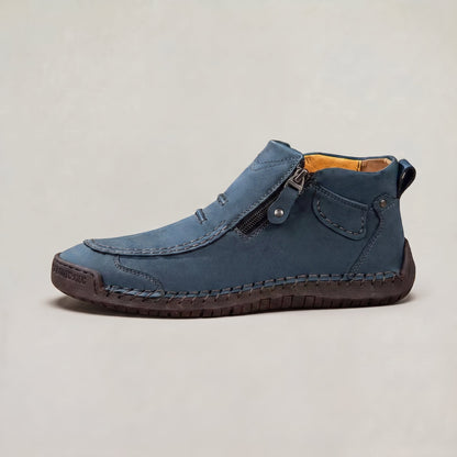 Men's Slip-On Casual Ankle Shoes - Side Zip Stitched Leather Comfort Walking Boots