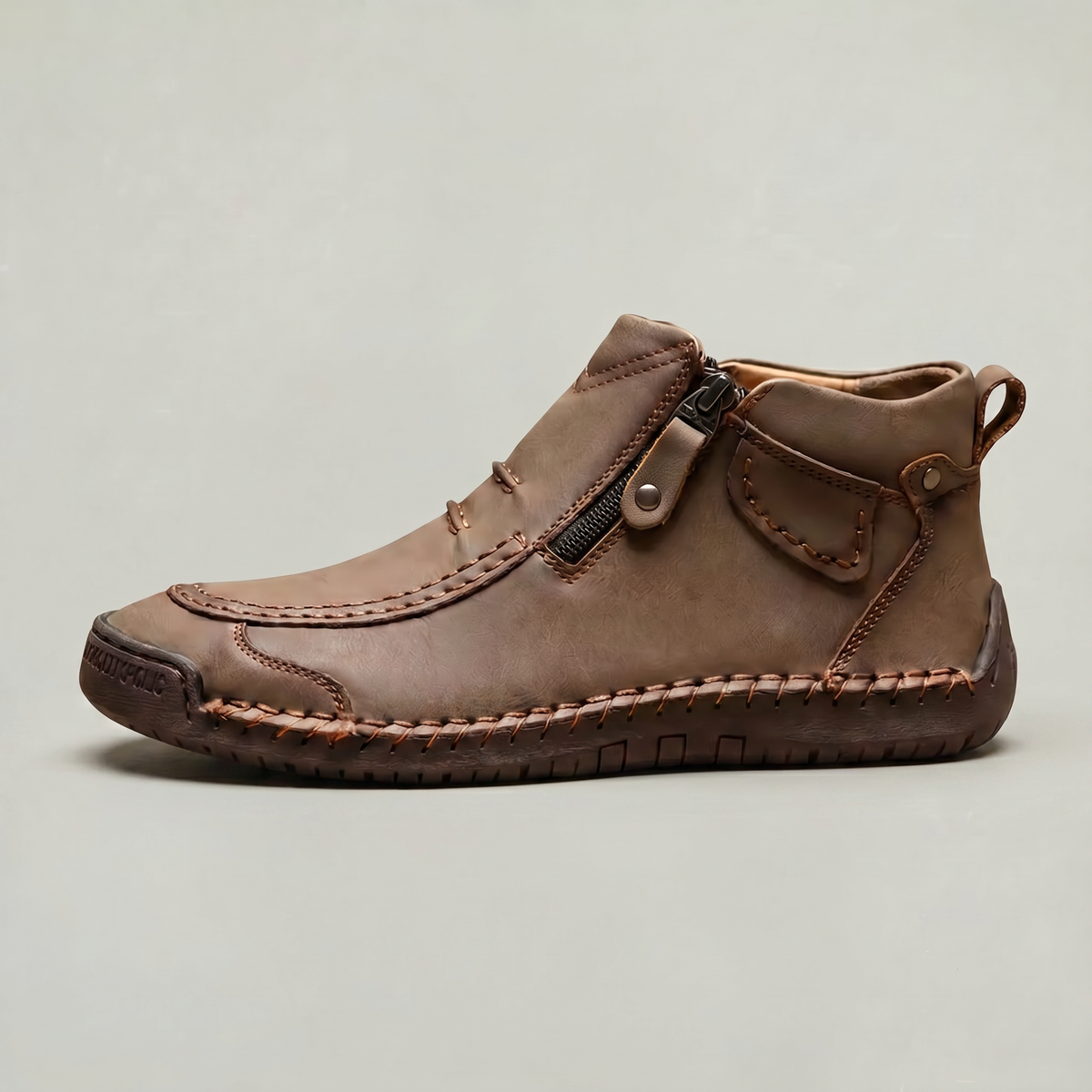 Men's Slip-On Casual Ankle Shoes - Side Zip Stitched Leather Comfort Walking Boots