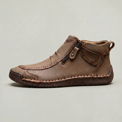 Men's Slip-On Casual Ankle Shoes - Side Zip Stitched Leather Comfort Walking Boots