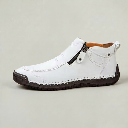 Men's Slip-On Casual Ankle Shoes - Side Zip Stitched Leather Comfort Walking Boots