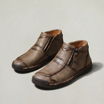 Men's Slip-On Casual Ankle Shoes - Side Zip Stitched Leather Comfort Walking Boots