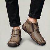 Men's Slip-On Casual Ankle Shoes - Side Zip Stitched Leather Comfort Walking Boots