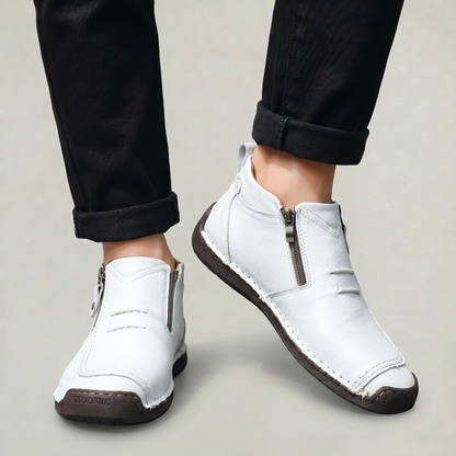 Men's Slip-On Casual Ankle Shoes - Side Zip Stitched Leather Comfort Walking Boots