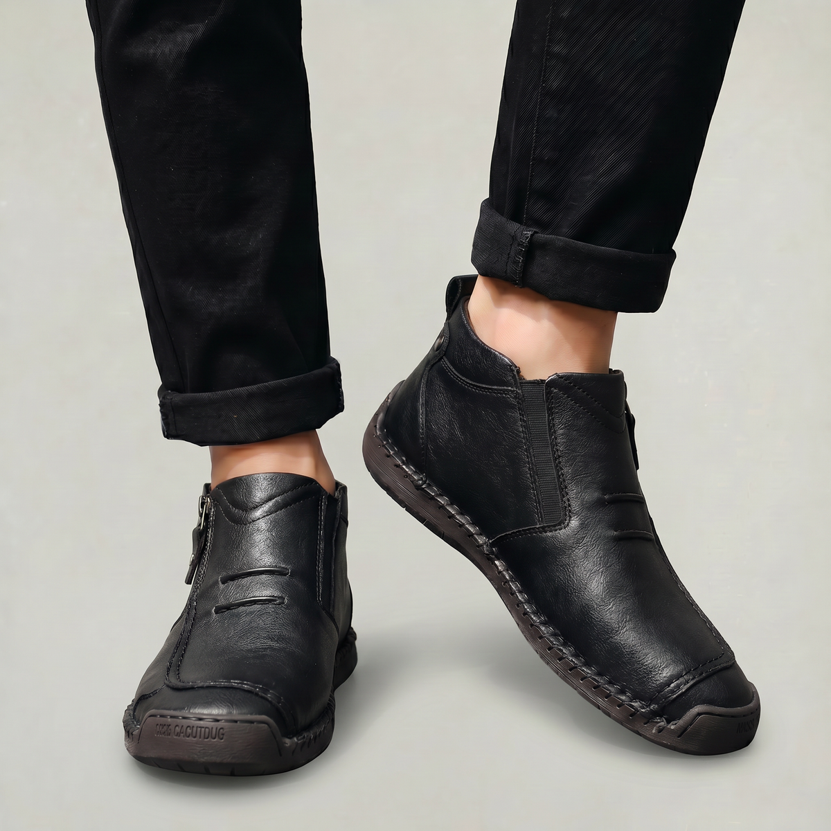 Men's Slip-On Casual Ankle Shoes - Side Zip Stitched Leather Comfort Walking Boots