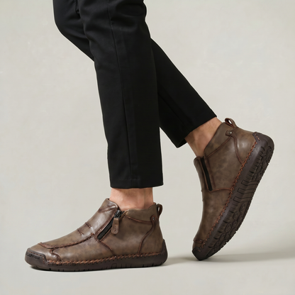 Men's Slip-On Casual Ankle Shoes - Side Zip Stitched Leather Comfort Walking Boots