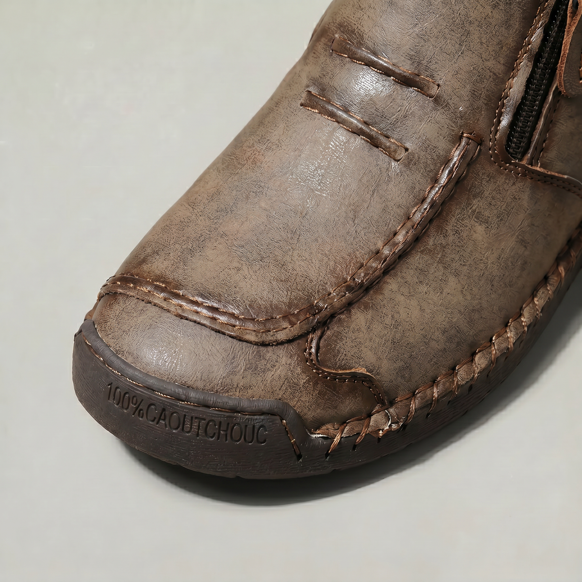 Men's Slip-On Casual Ankle Shoes - Side Zip Stitched Leather Comfort Walking Boots