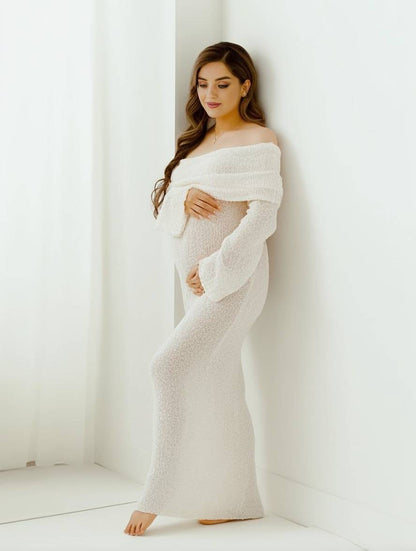 Off-Shoulder Maternity Dress with Long Sleeves