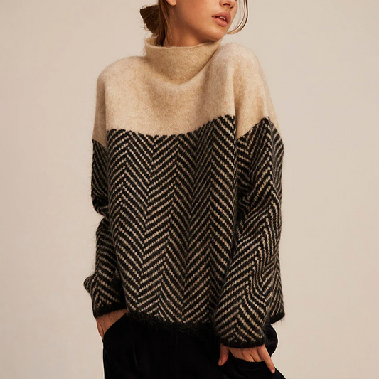 Oversized Knit Sweater with Herringbone Pattern and Roll Neck