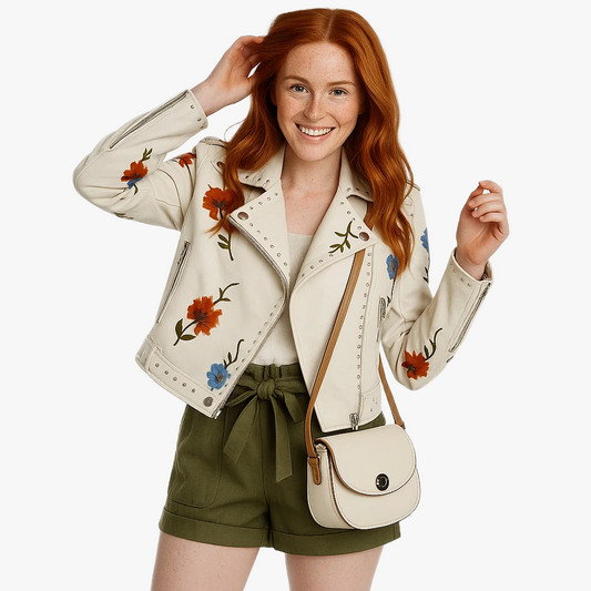 Veste en cuir femme avec broderie florale