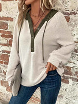 Relaxed Waffle Knit Hoodie with Contrast Hood and Button Placket