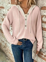 Relaxed Waffle Knit Hoodie with Contrast Hood and Button Placket