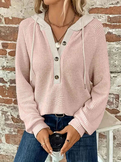 Relaxed Waffle Knit Hoodie with Contrast Hood and Button Placket