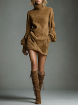 Women's Vintage Loose Suede Turtleneck Mini Dress