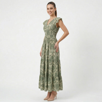 Robe intemporelle pour femme à col en V, taille haute, élégante, avec manches bouffantes
