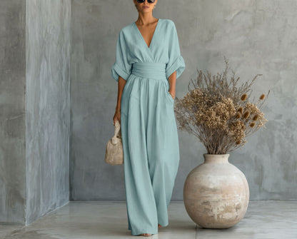 Combinaison Femme Fluide Col V Taille Marquée Élégante