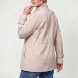 Long women's polyester trench coat with a belt for everyday wear.
