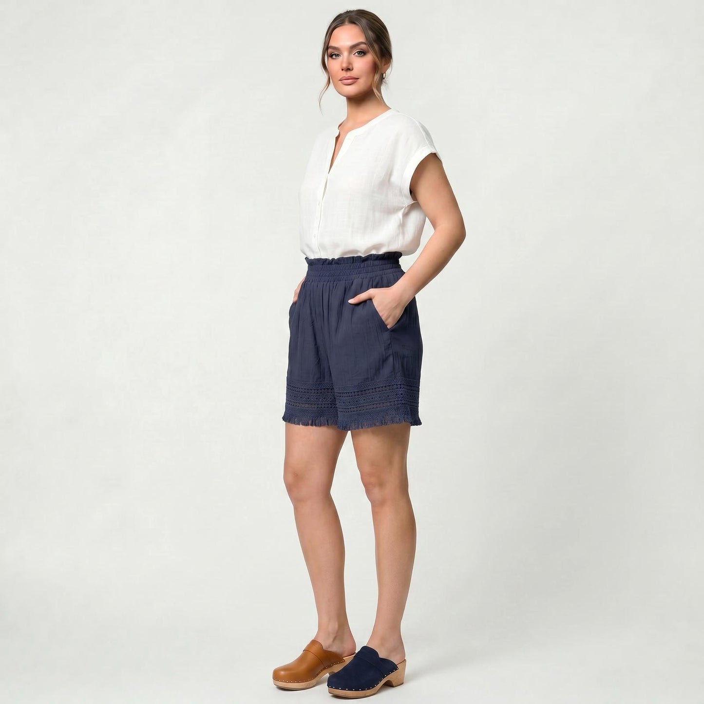Short en coton à dentelle pour femme, taille élastique, tenue estivale décontractée