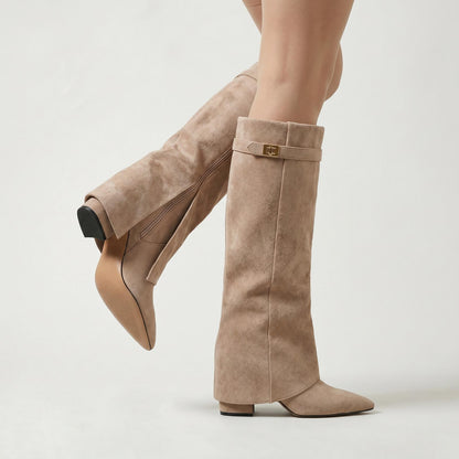 Bottes mi-mollet de luxe pour femme à bout pointu et talon bloc classique