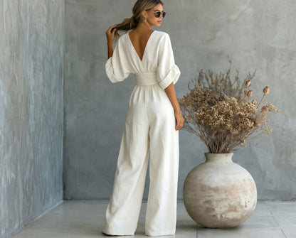 Combinaison Femme Fluide Col V Taille Marquée Élégante